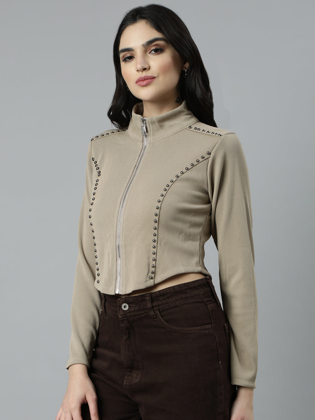 Women's Solid Beige Crop Top