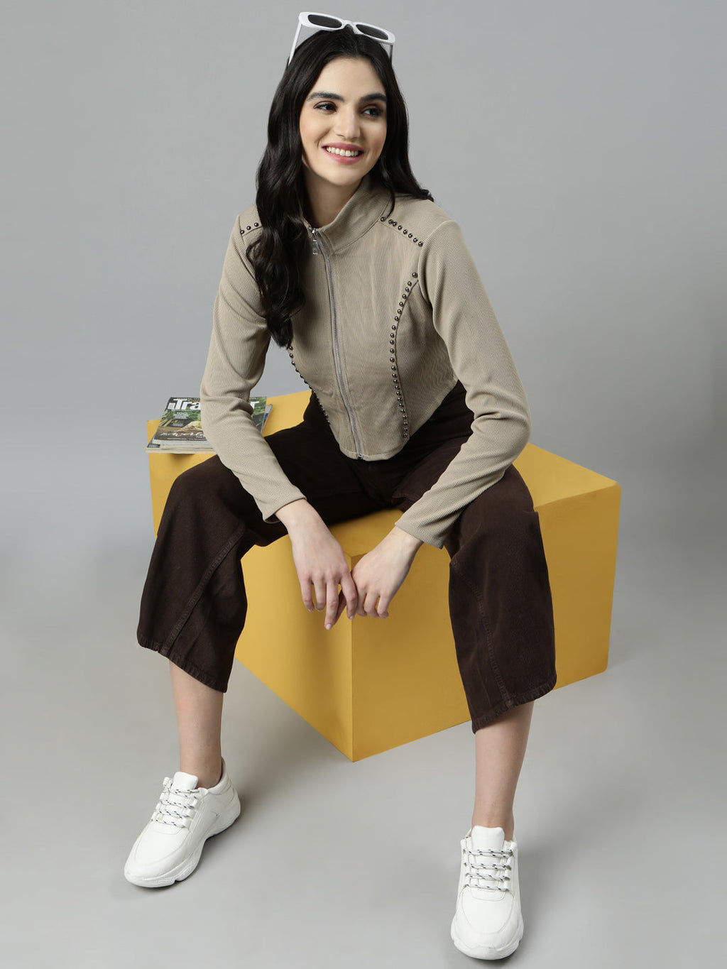 Women's Solid Beige Crop Top