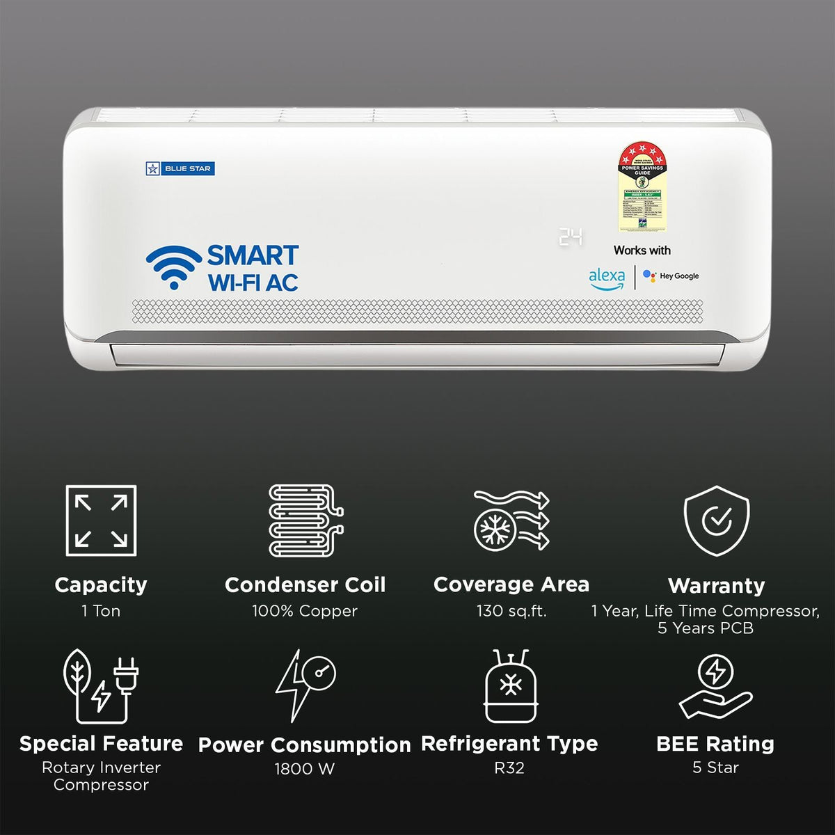 Blue Star N Series Convertible 1 Ton 5 Star Inverter Split Smart AC with Voice Command Technology (2026 Model, Copper Condenser, IA512NXUS)