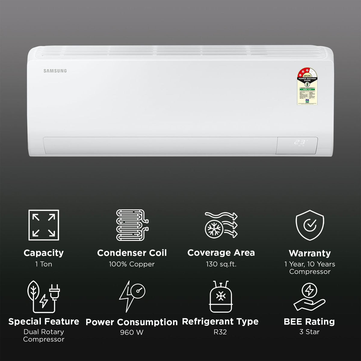 SAMSUNG 5 in 1 Convertible 1 Ton 3 Star Inverter Split Smart AC with Bespoke AI (2026 Model, Copper Condenser, AR50H12D1XHNNA)