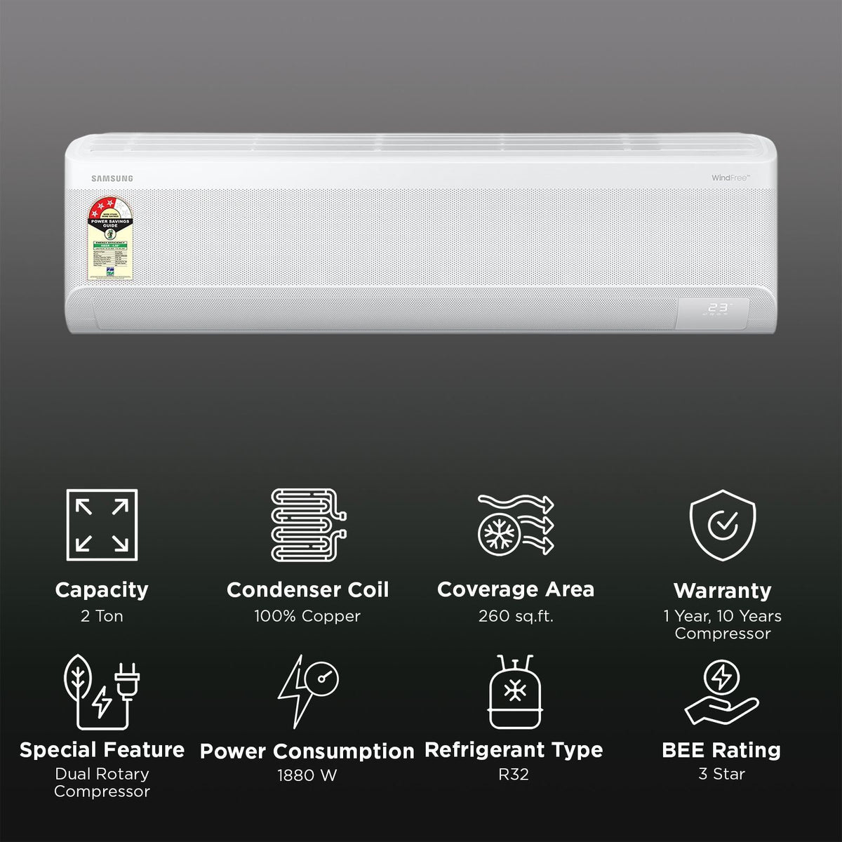SAMSUNG AR60 5 in 1 Convertible 2 Ton 3 Star Inverter Split Smart AC with WindFree Cooling (2026 Model, Copper Condenser, AR60H24D13W)
