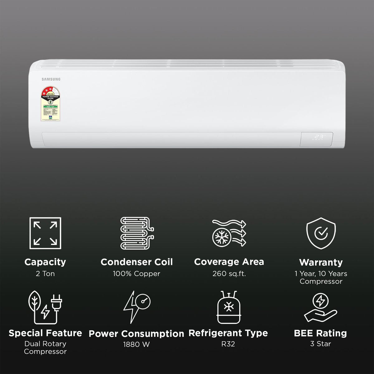 SAMSUNG AR50 5 in 1 Convertible 2 Ton 3 Star Inverter Split Smart AC with 4 Way Swing (2026 Model, Copper Condenser, AR50H24D1XH)
