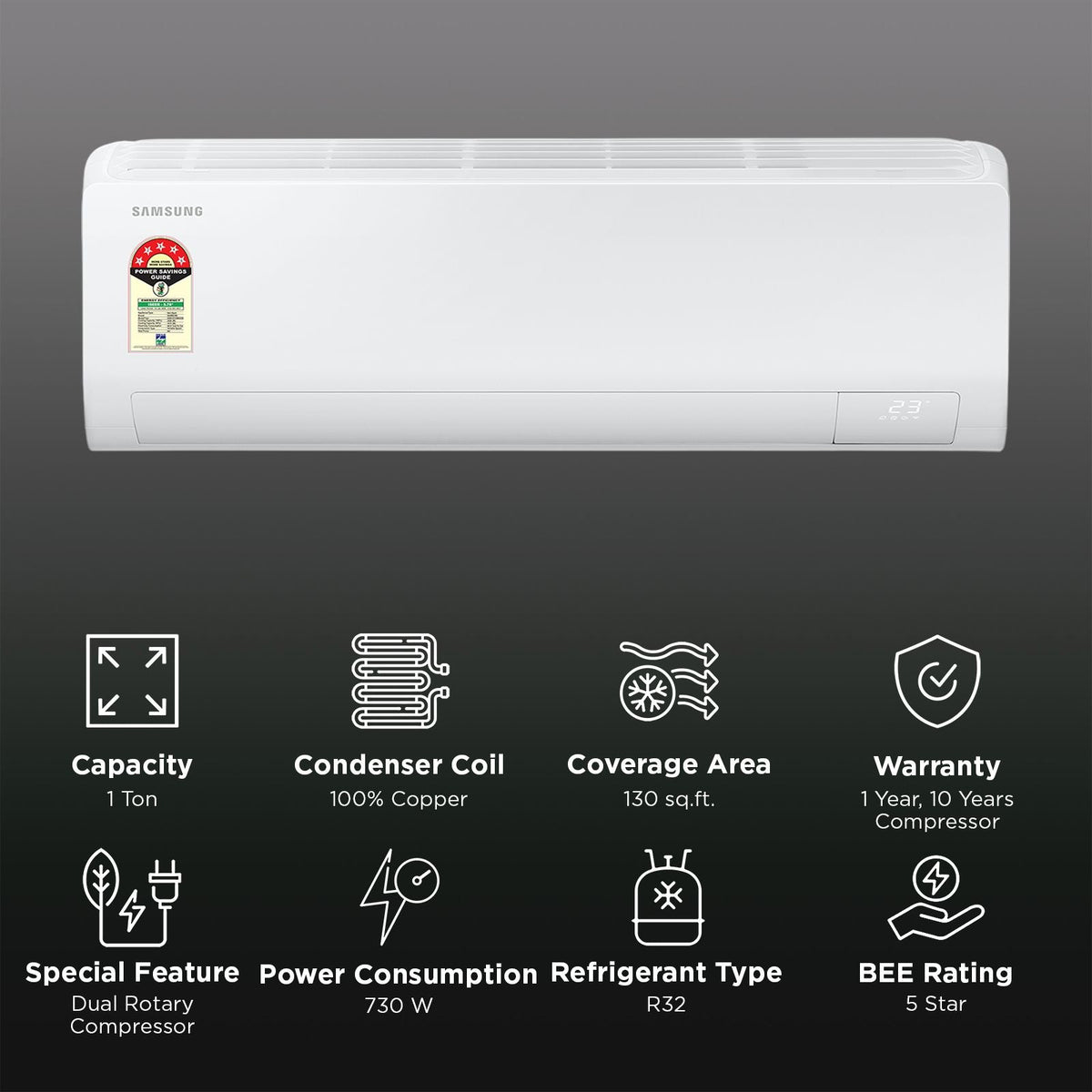SAMSUNG AR50 5 in 1 Convertible 1 Ton 5 Star Inverter Split Smart AC with AI Energy Mode (2026 Model, Copper Condenser, AR50H12D1ZH)