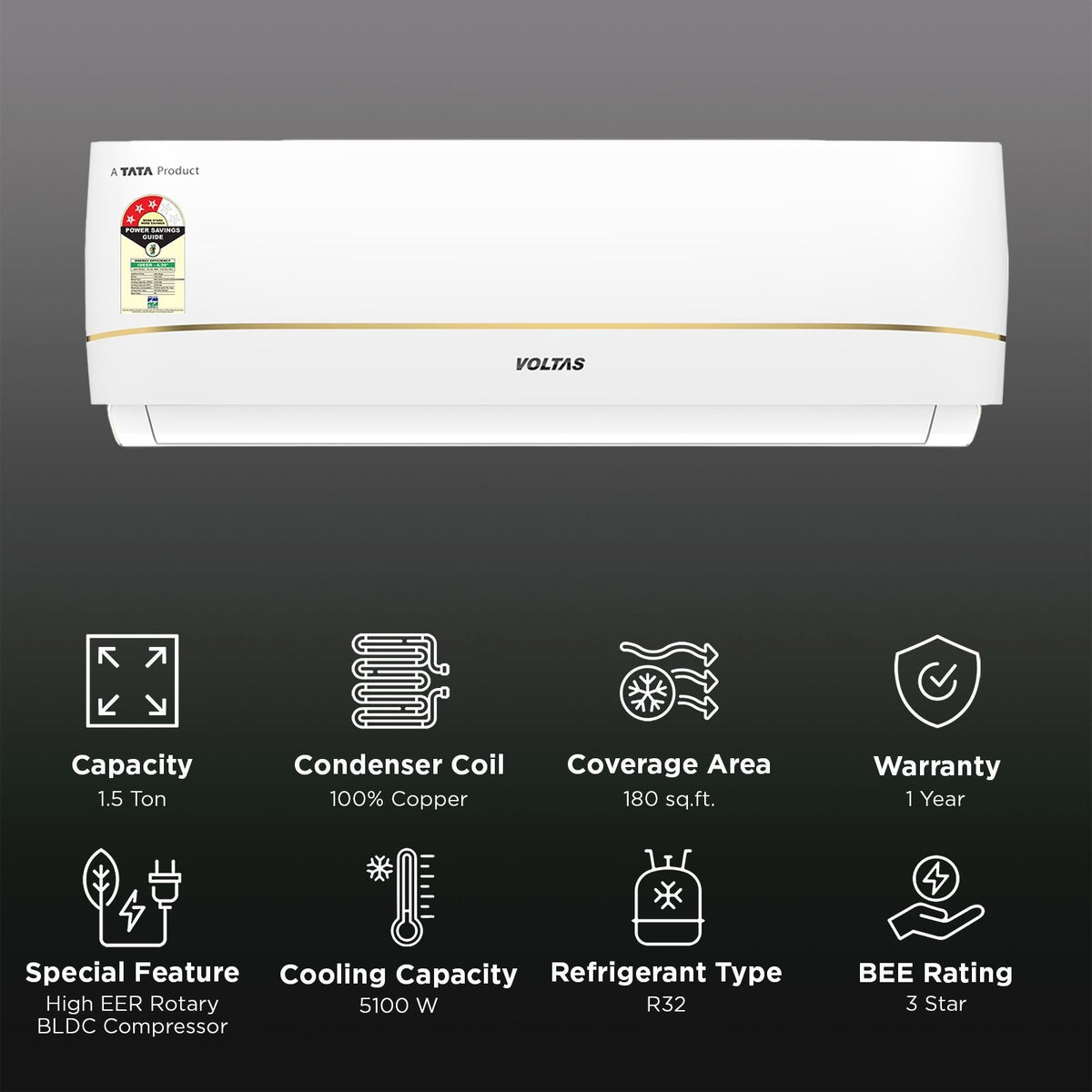 VOLTAS 183INV VERTIS CELESTIA MARVEL Convertible 1.5 Ton 3 Star Inverter Split AC with Hidden Display (2026 Model, Copper Condenser, 4504152)