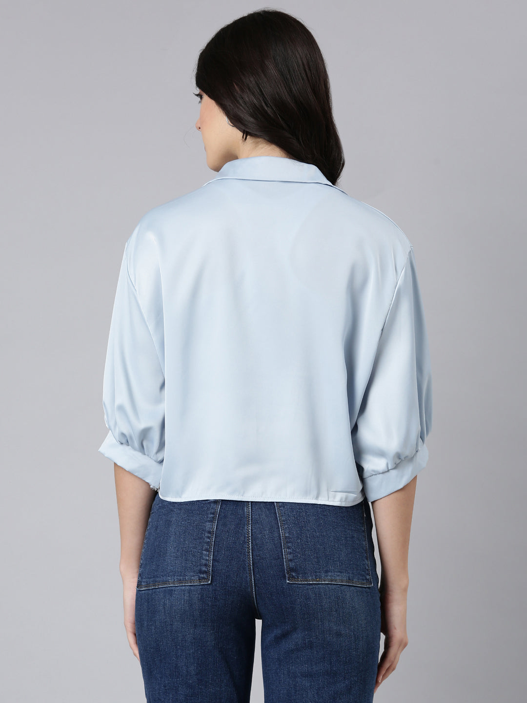 Women's Blue Puff Sleeve Satin Shirt Style Top