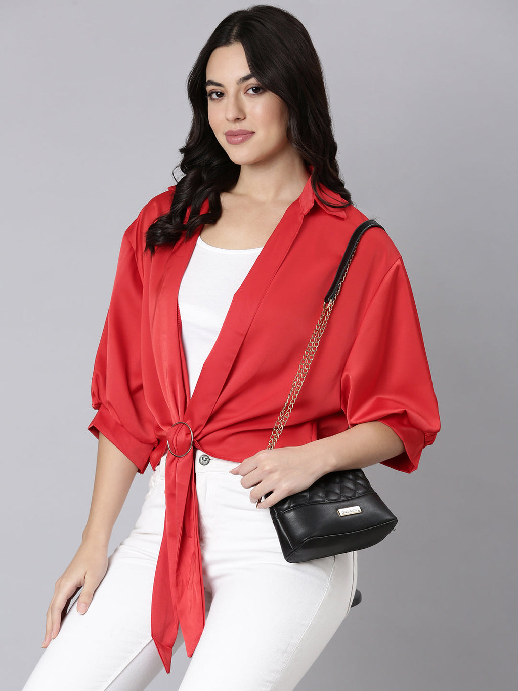 Women's Red Puff Sleeve Satin Shirt Style Top