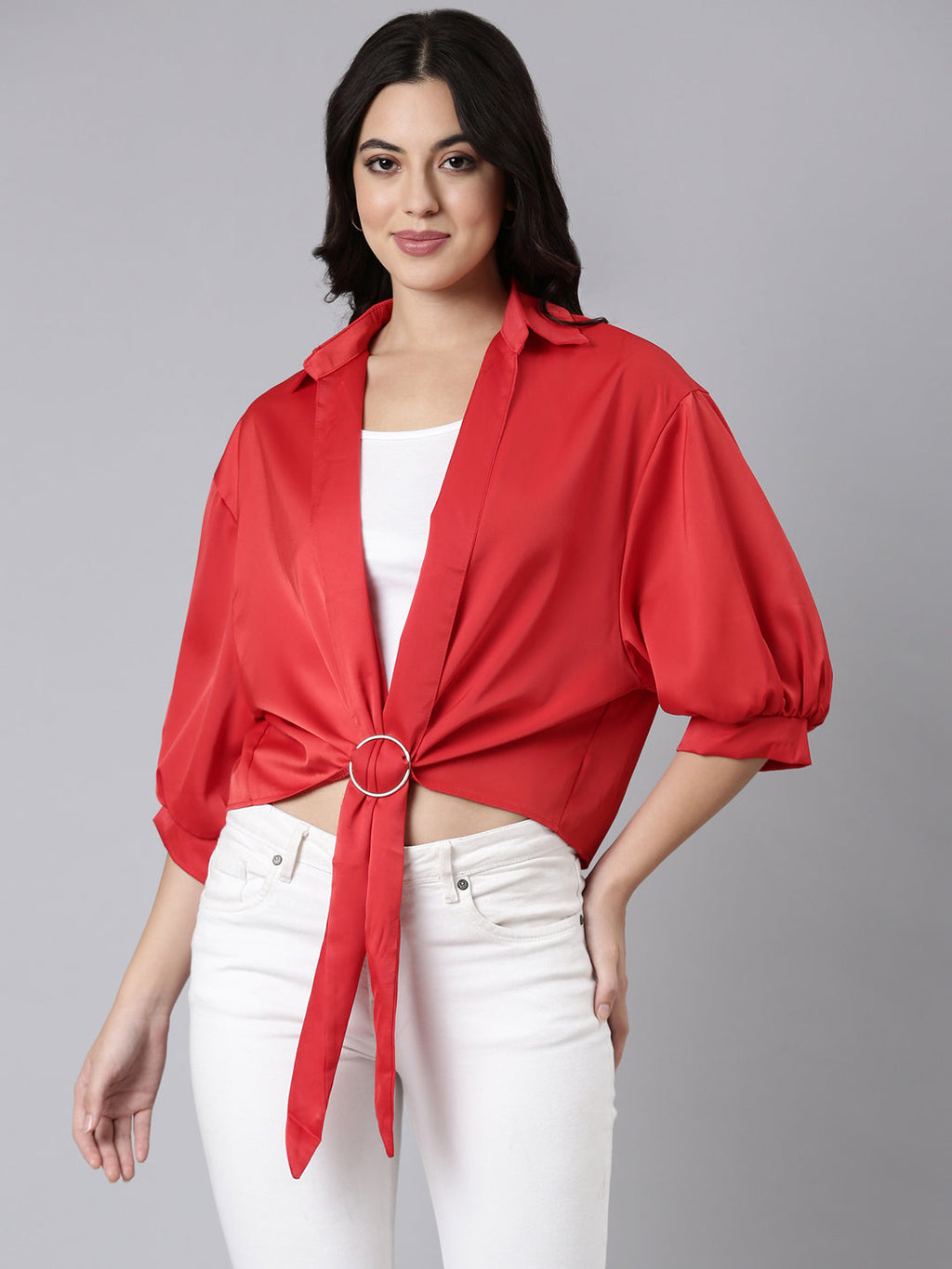 Women's Red Puff Sleeve Satin Shirt Style Top