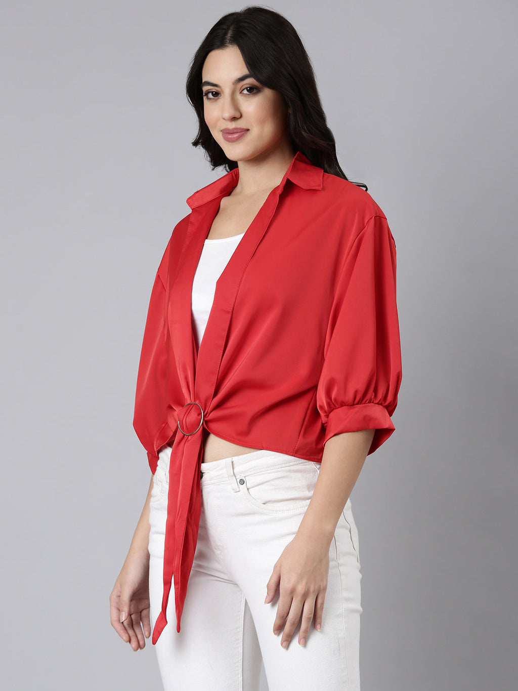 Women's Red Puff Sleeve Satin Shirt Style Top