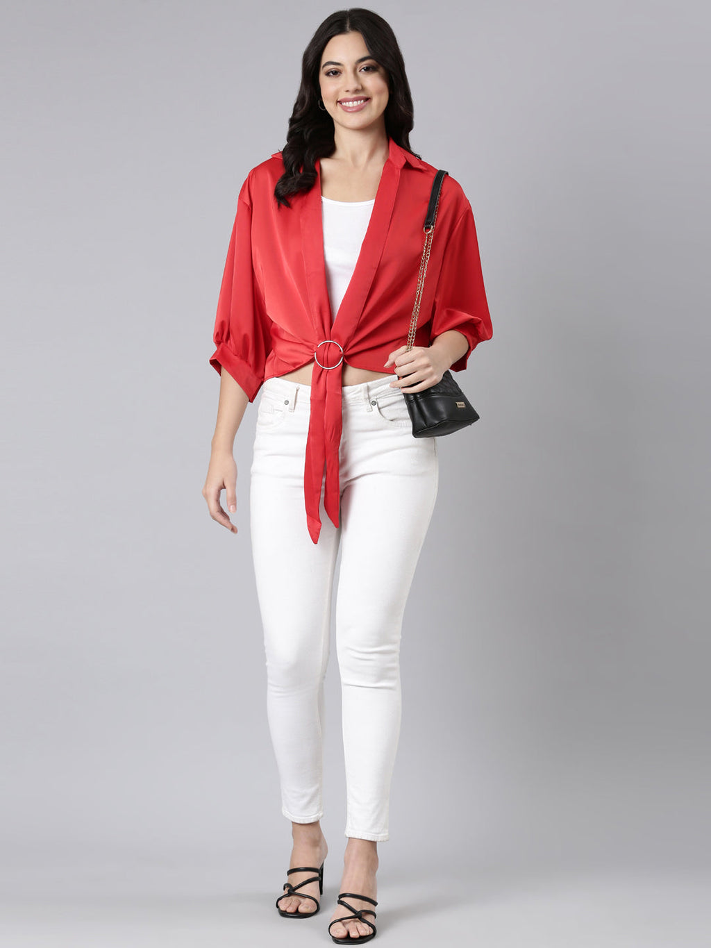 Women's Red Puff Sleeve Satin Shirt Style Top