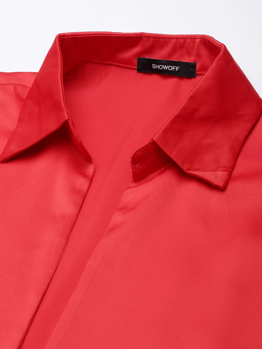 Women's Red Puff Sleeve Satin Shirt Style Top