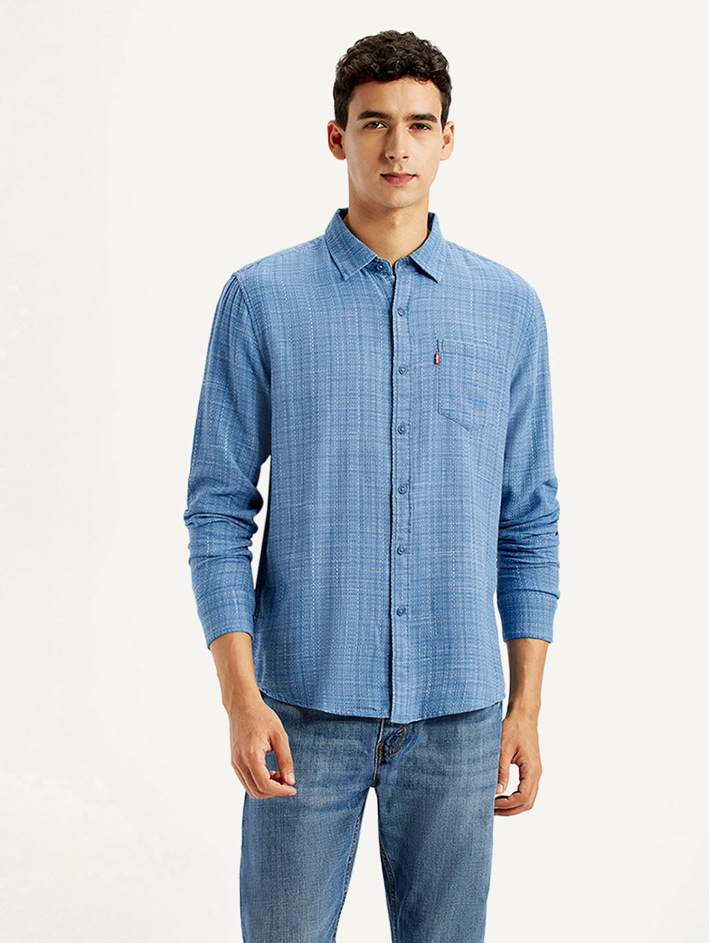 Men's Self Design Blue Slim Fit Shirt