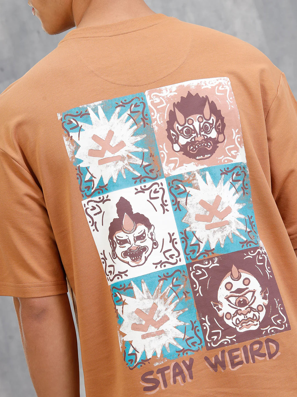 Mythical Face Inspired Back Print T-Shirt | Brown
