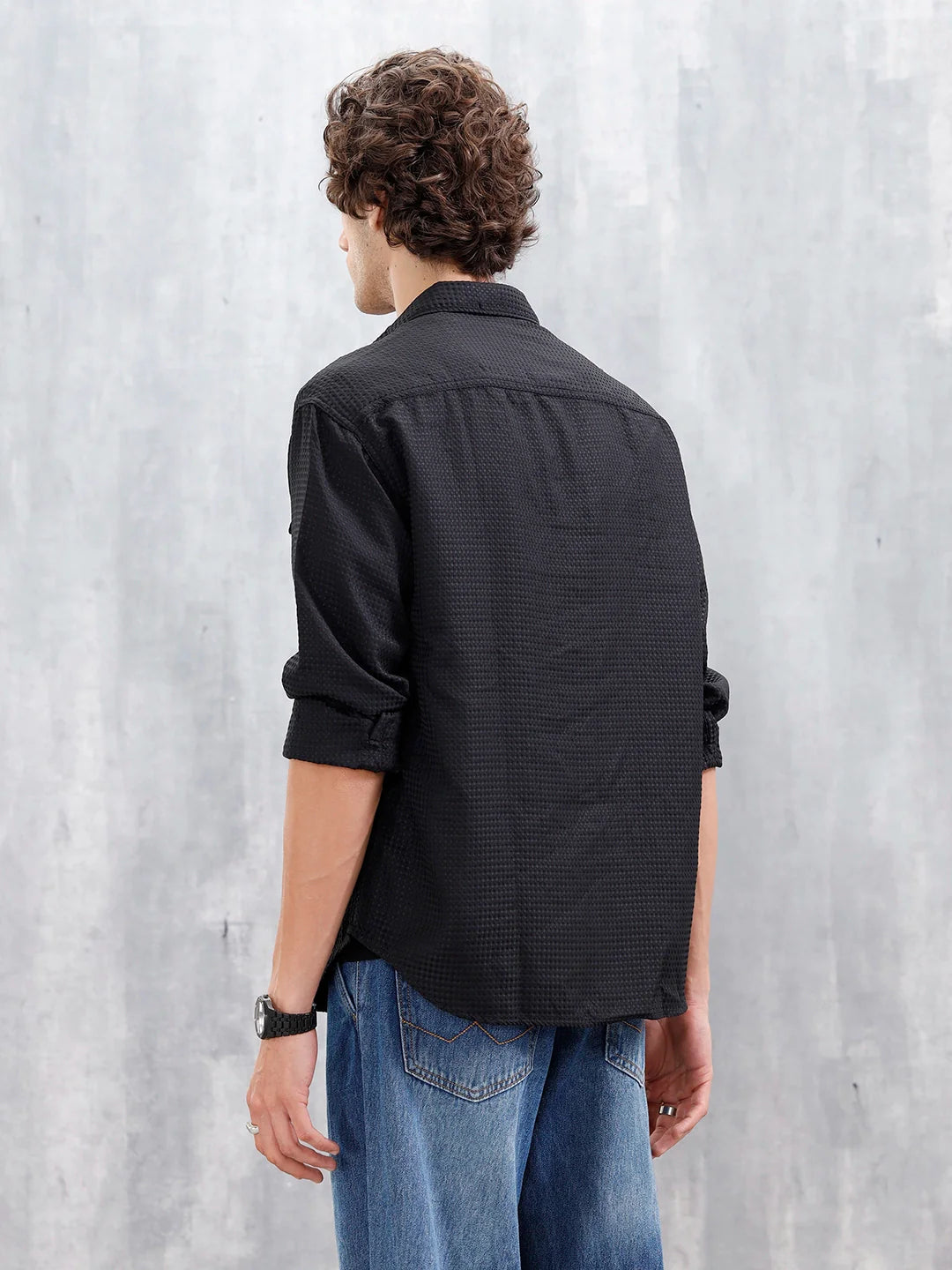 Wrogn Oversized Double Pocket Textured Shirt For Men's | Black