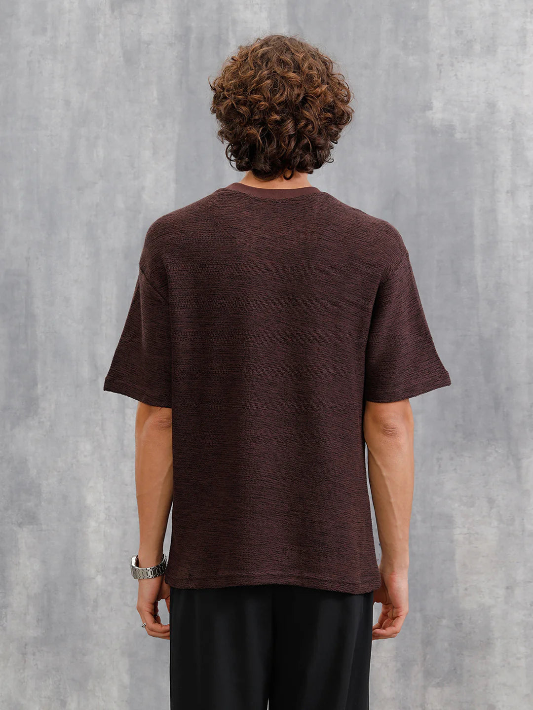 Two Tone Textured Slub Knit Oversized Crew Neck T-Shirt With Chunky Rib | Brown