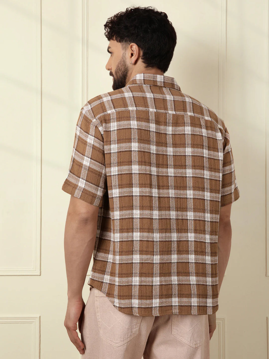 Checked Short Sleeve Textured Shirt | Brown