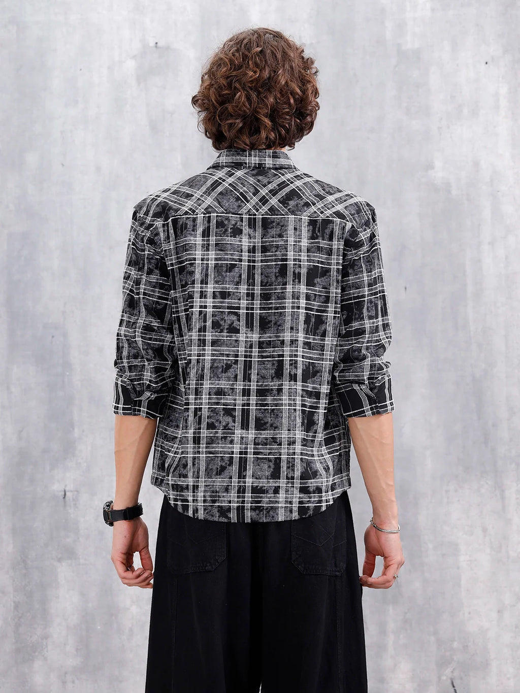Wash Printed Overshirt With Chenille Yarn Check | Black