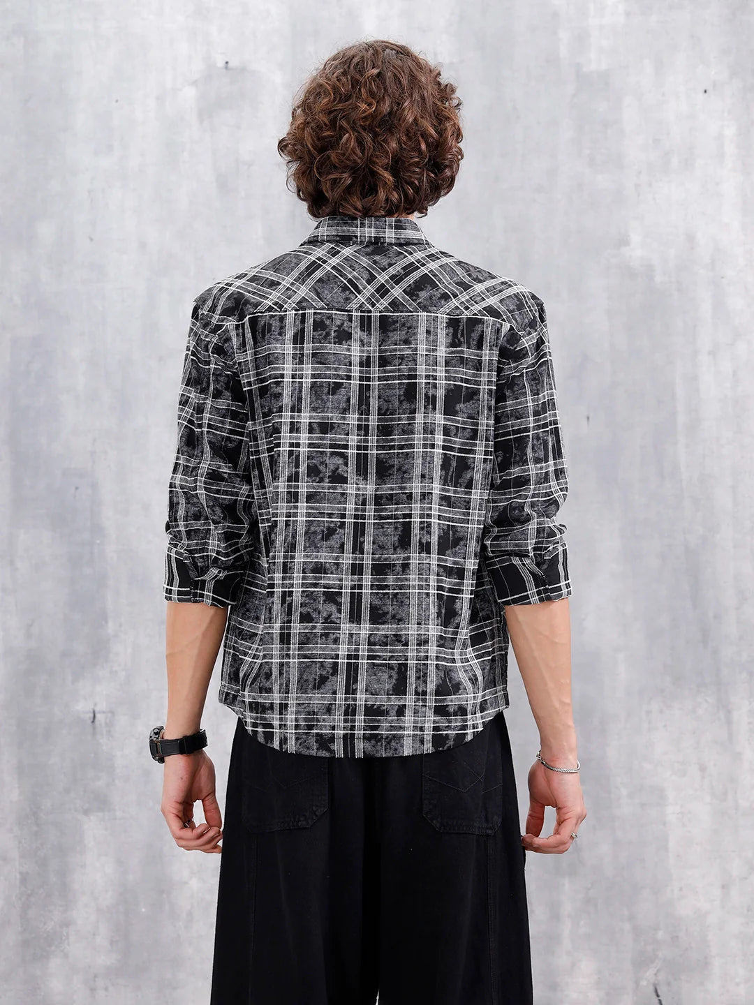 Wash Printed Overshirt With Chenille Yarn Check | Black