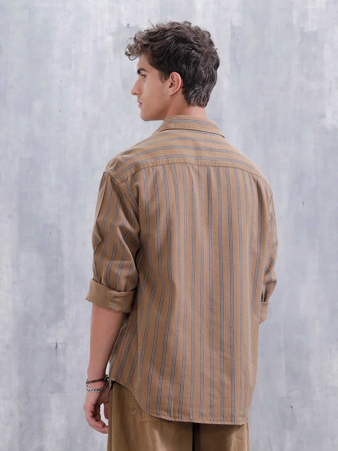 Asymmetrical Striped Oversized Shirt For Men | Brown