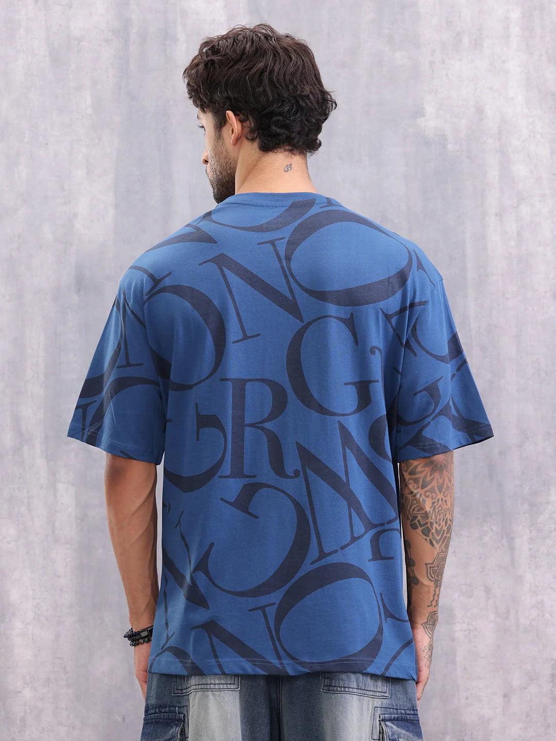 Typo Inspired Tonal Aop Oversized Fit T-shirt | Dark Blue