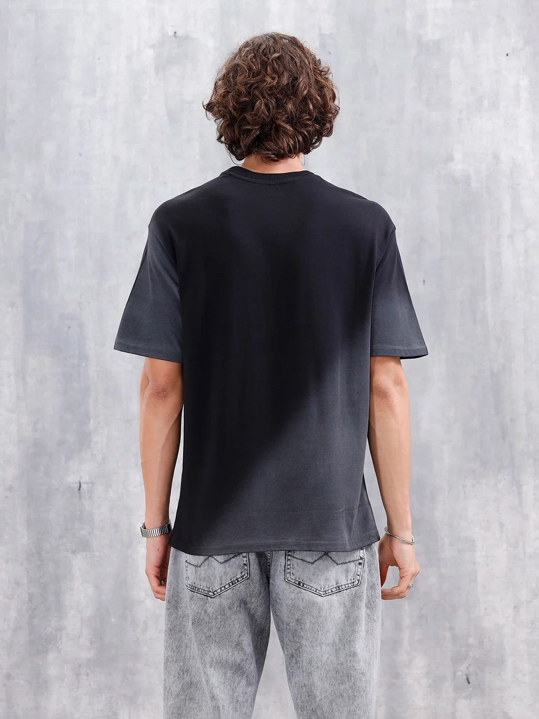 Washed Oversized Crew Neck T-shirt With Print | Black