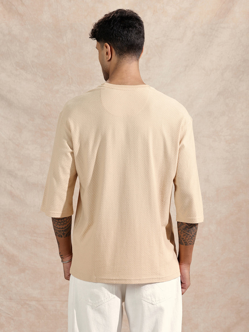 3/4th Sleeve Textured T-Shirt | Beige