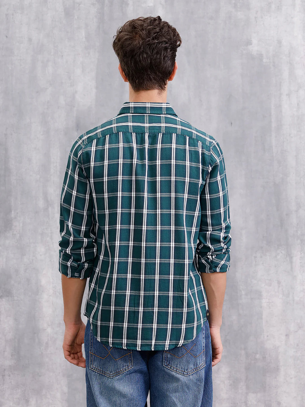 Textured Cotton Dobby Check Shirt  | Green