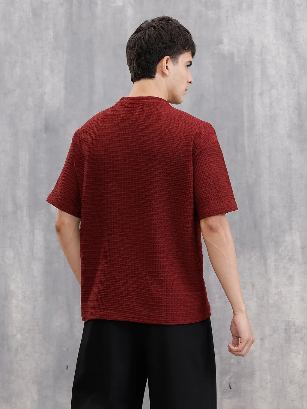 Oversized Jacquard Textured Crew Neck T-Shirt   | Maroon