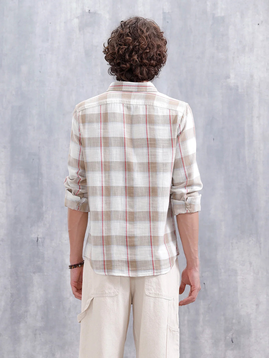 Cotton Twill Slub Checks Slim Fit Shirt | Beige
