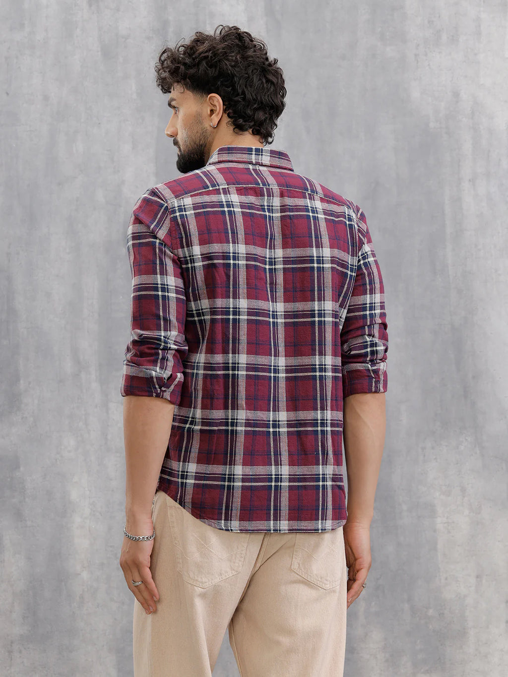 Slim Fit Check Shirt In Special Slub Weave | Maroon