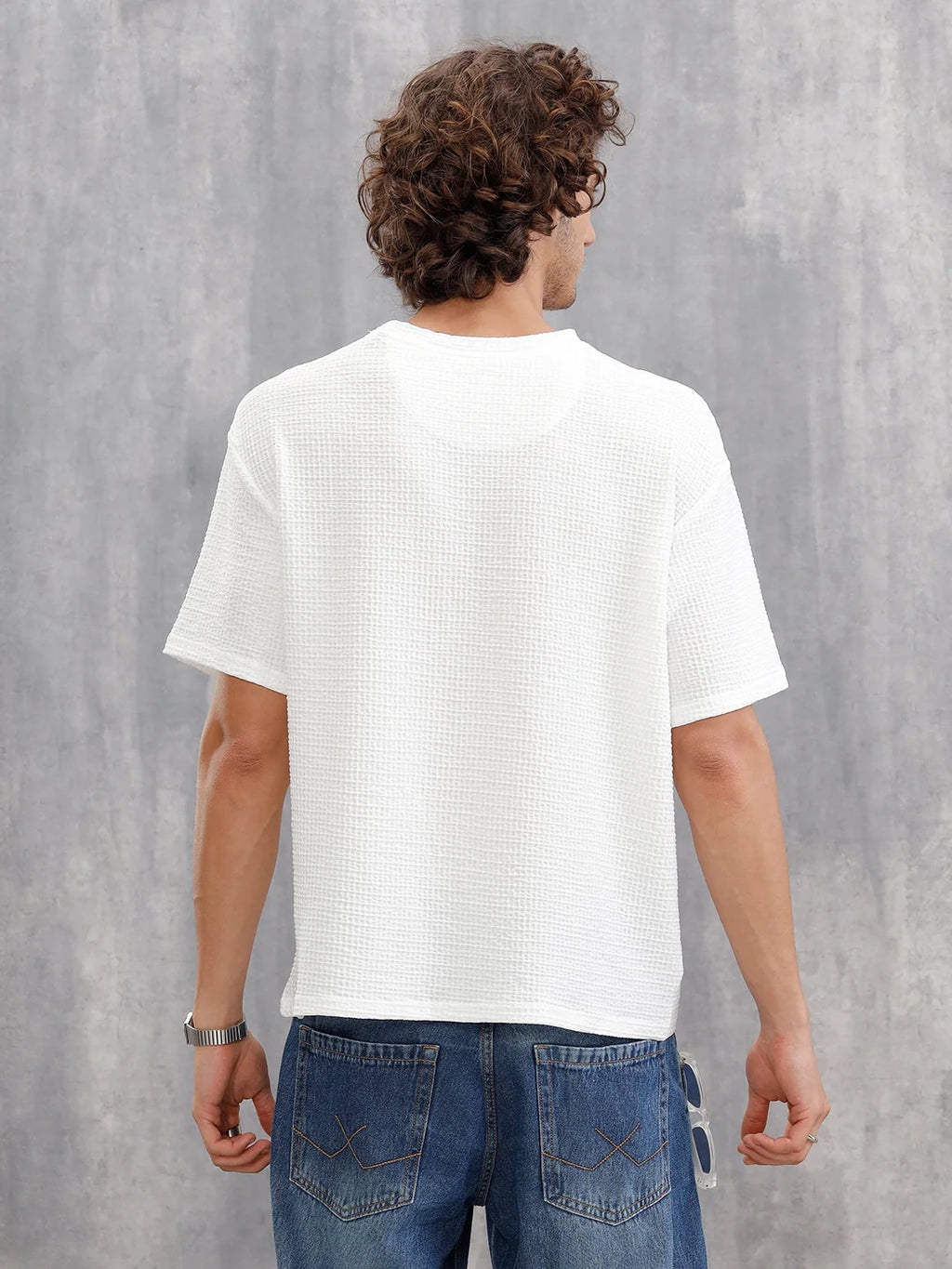 Honeycomb Textured Knit Crew Neck Pullover In Oversized Fit  |  White