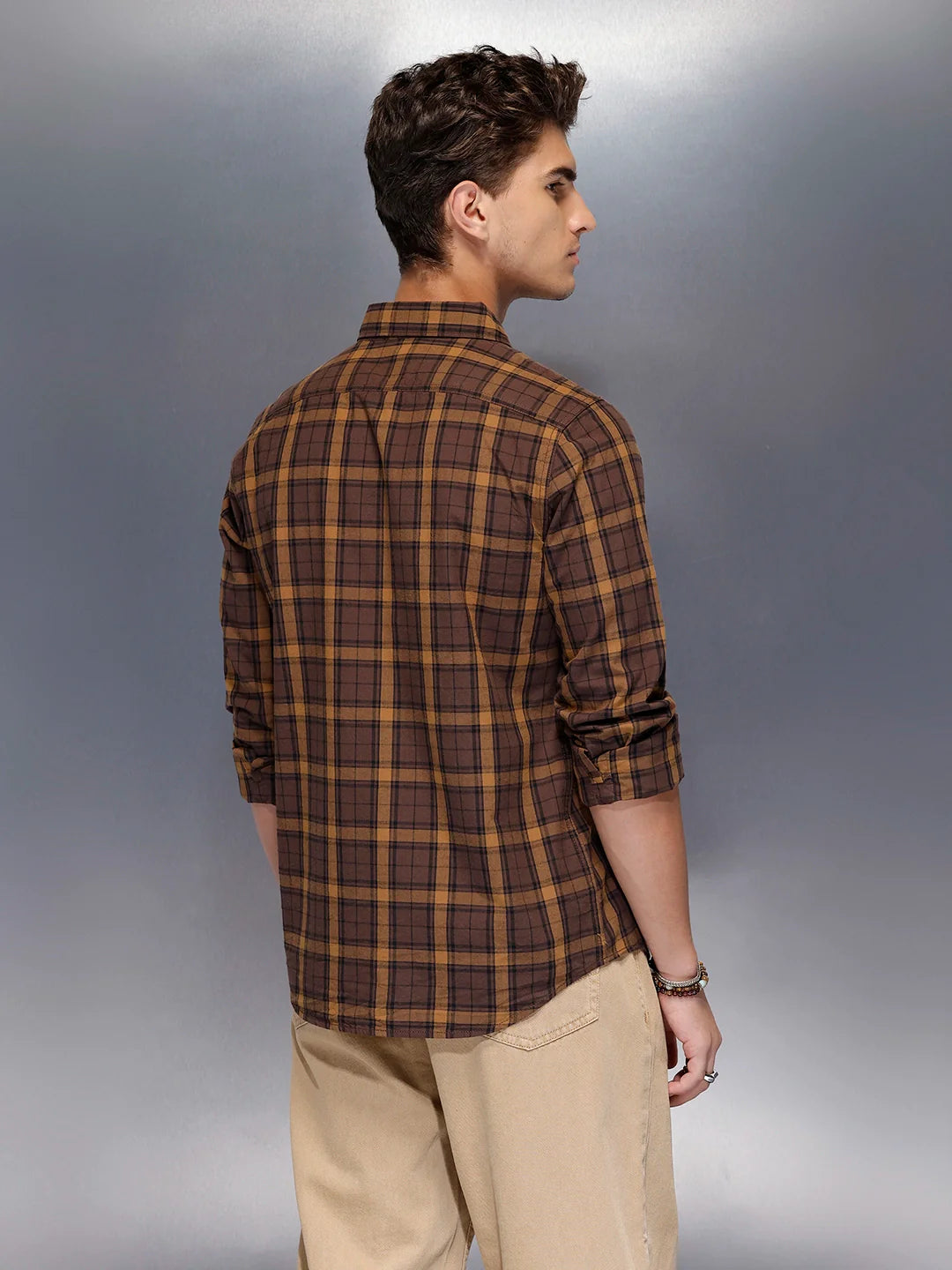 Men’s brown flannel-style check shirt | Khaki