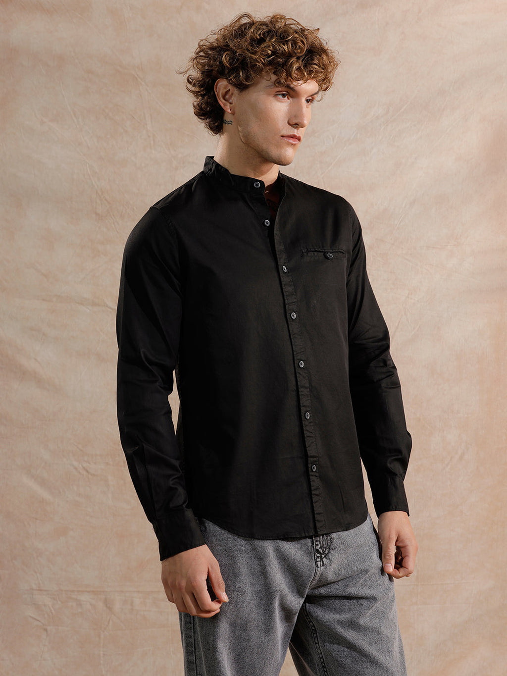 Mandarin Collar Regular Fit Shirt | Black
