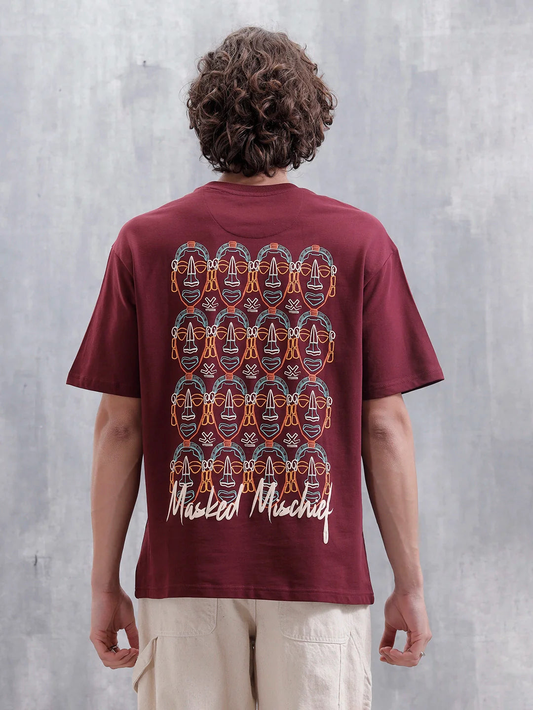 Mythical Faces Oversized Cotton Back Print T-Shirt | Maroon