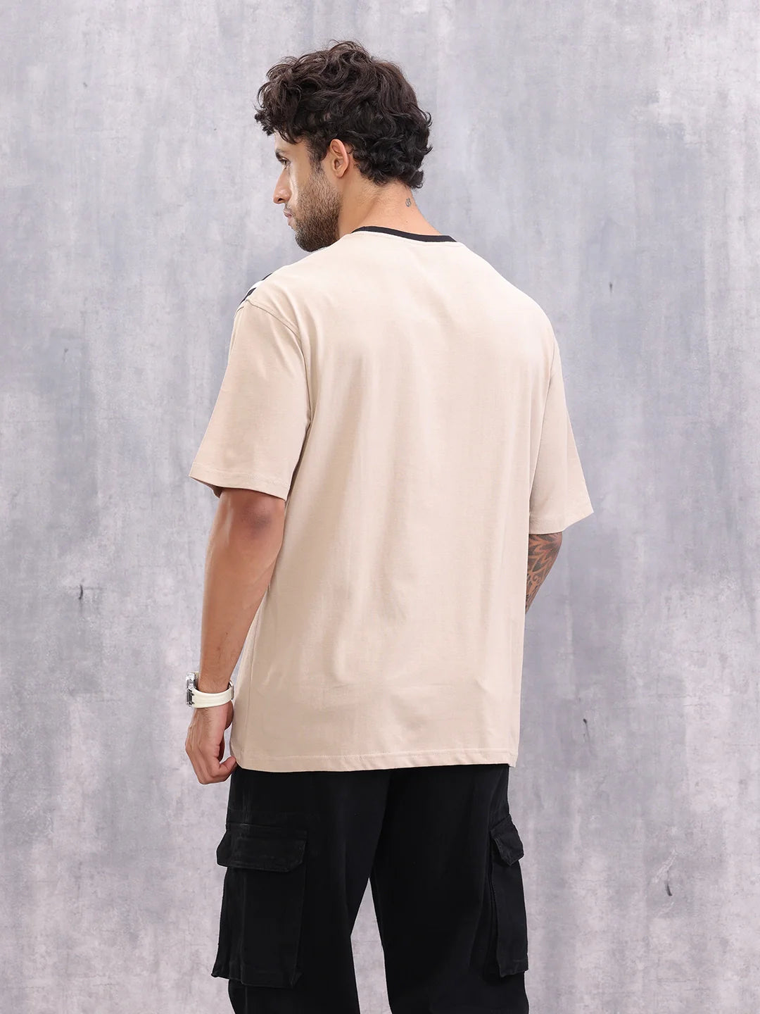 Contrast Cut&Sew Detail Sporty Look Oversized Fit T-shirt | Beige