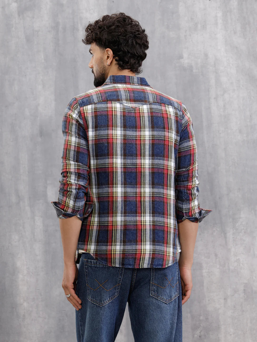 Acid Washed Indigo Check Shirt With Western Yoke | Red