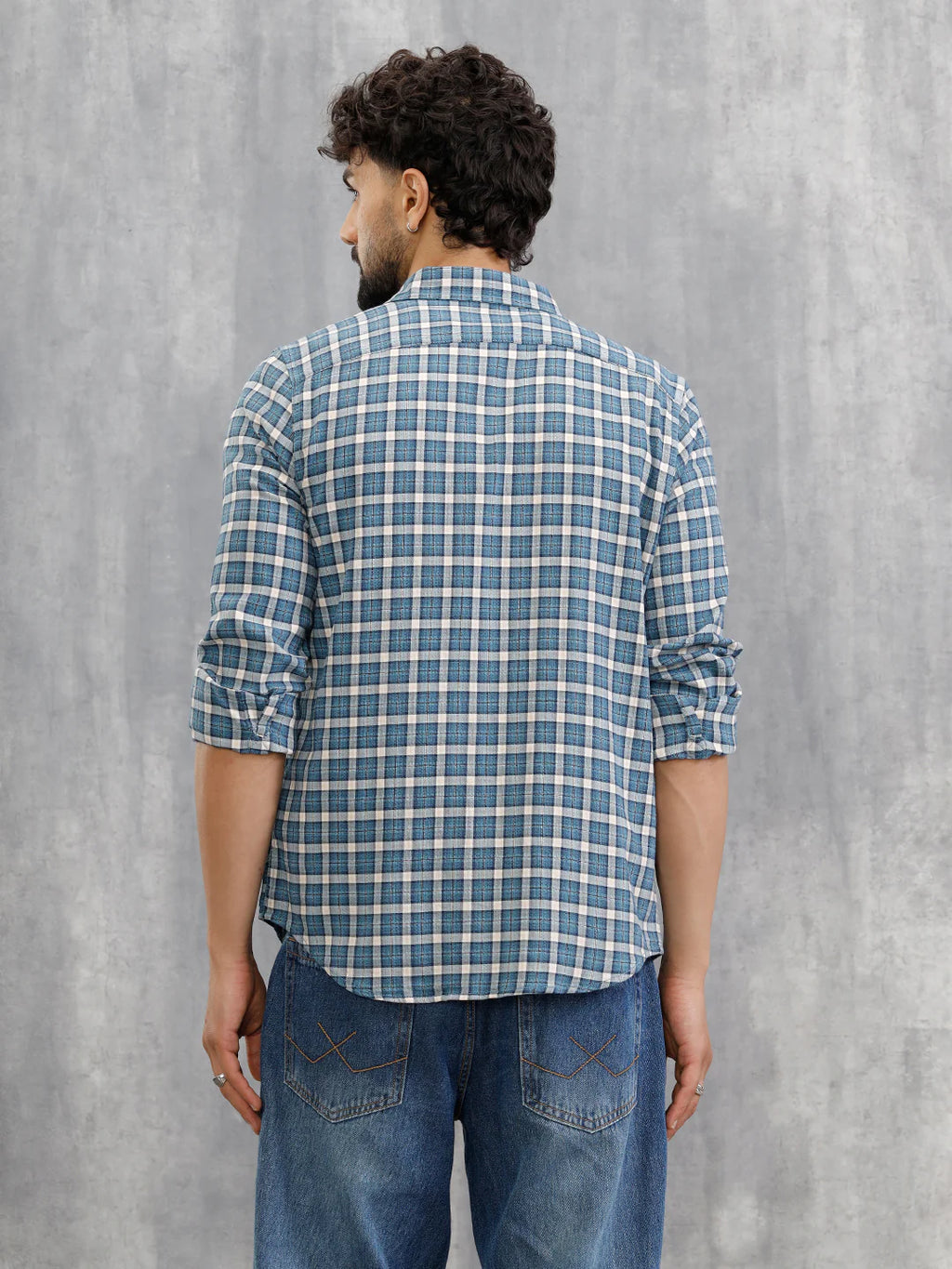 Micro Check Shirt In Seersucker Fabric | Blue