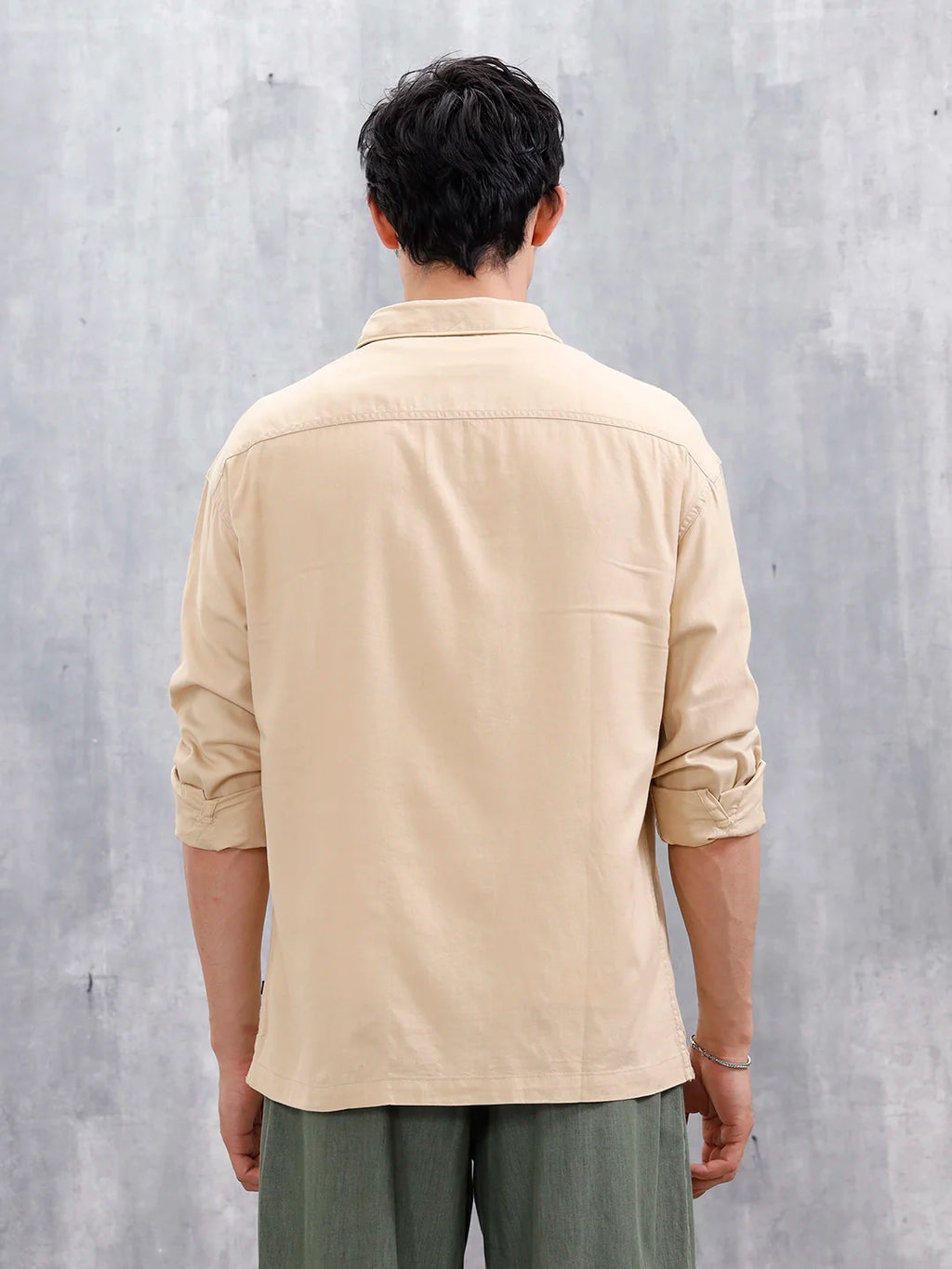 Oversized Fit Solid Shirt With Double Flap Pockets | Beige