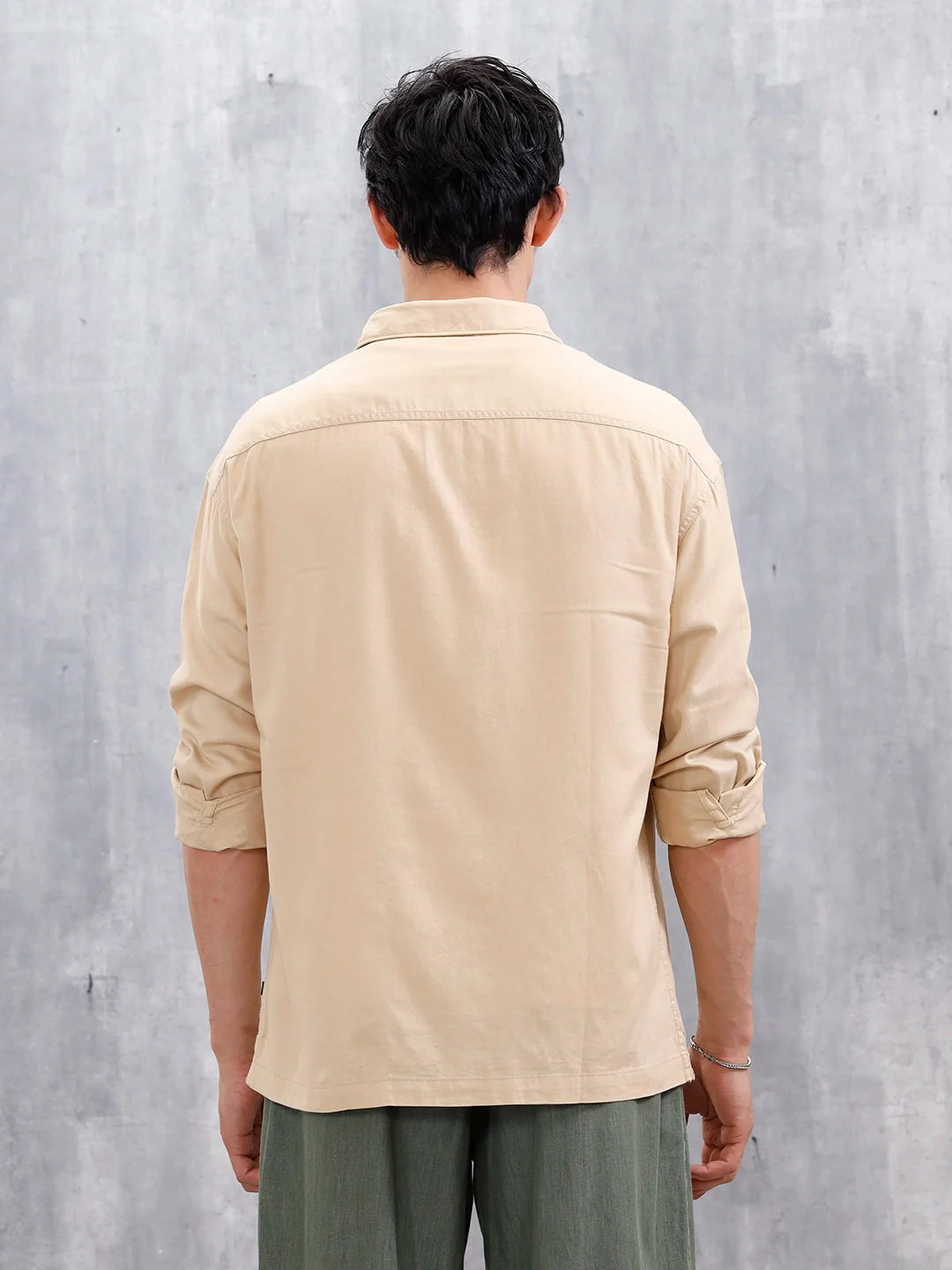 Oversized Fit Solid Shirt With Double Flap Pockets | Beige