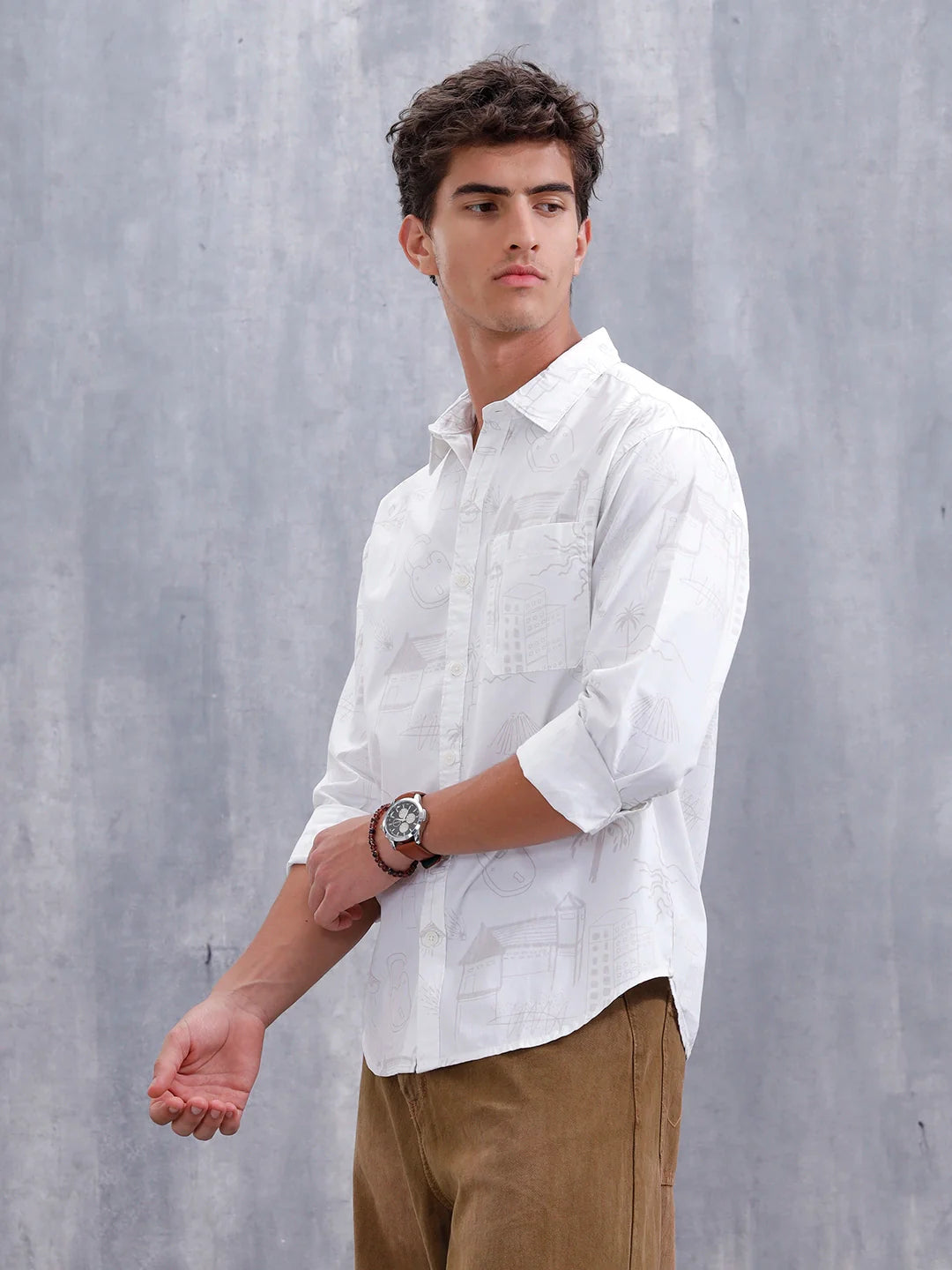 Aop Printed Comfort Fit Spread Collar Shirt | White