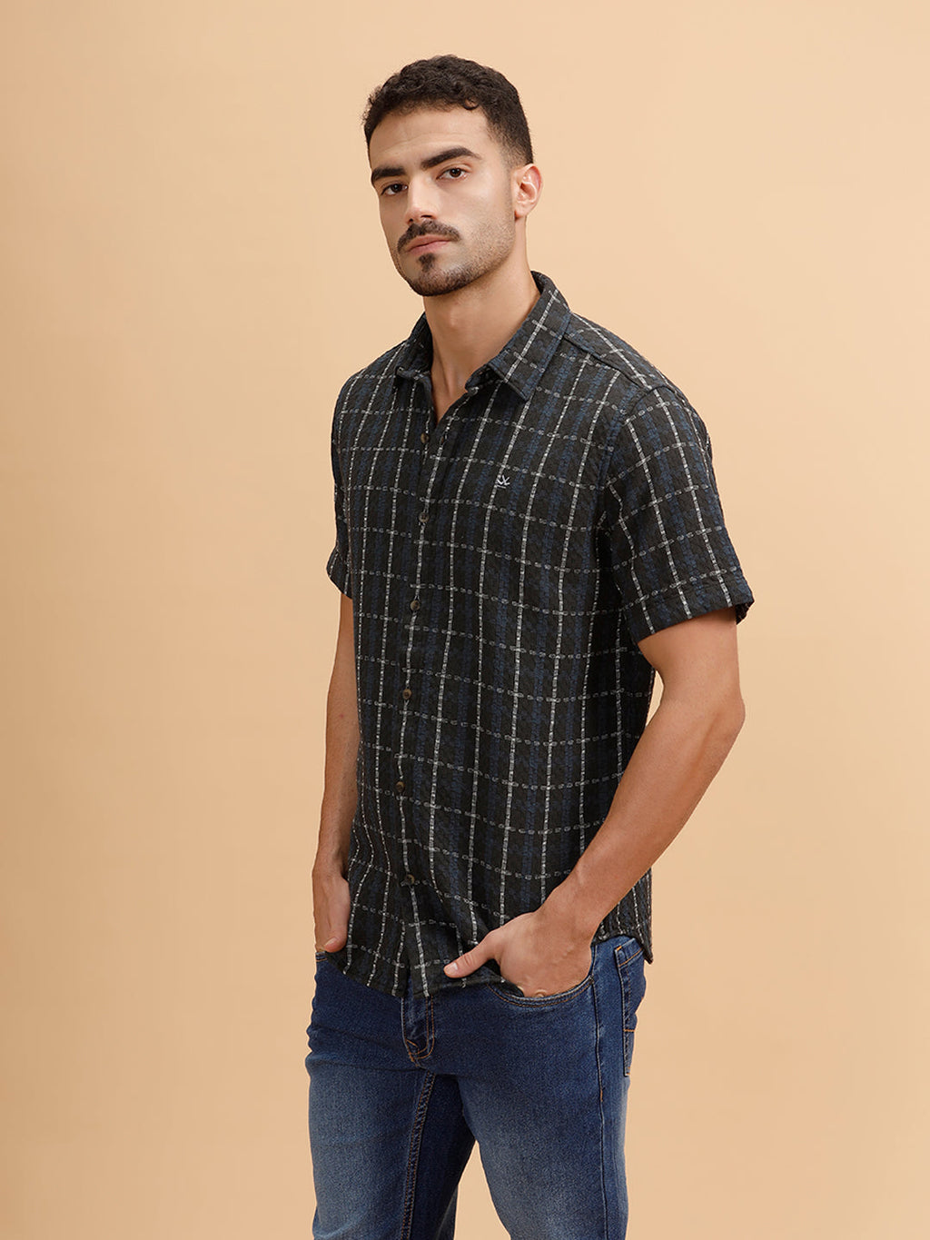 Textured Checks Short Sleeve Shirt | Black