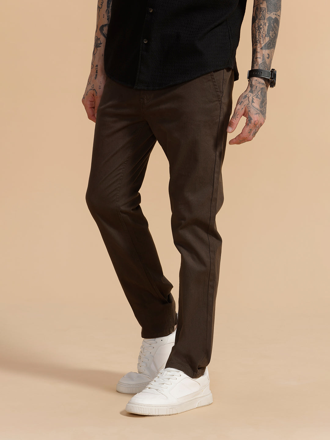 Cotton Blend Chino Trouser | Dark Olive