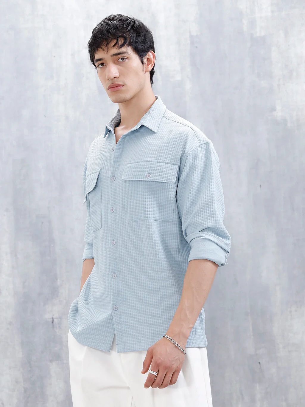 Wrogn Oversized Textured Short Sleeve Shirt With Utility Pockets | Blue