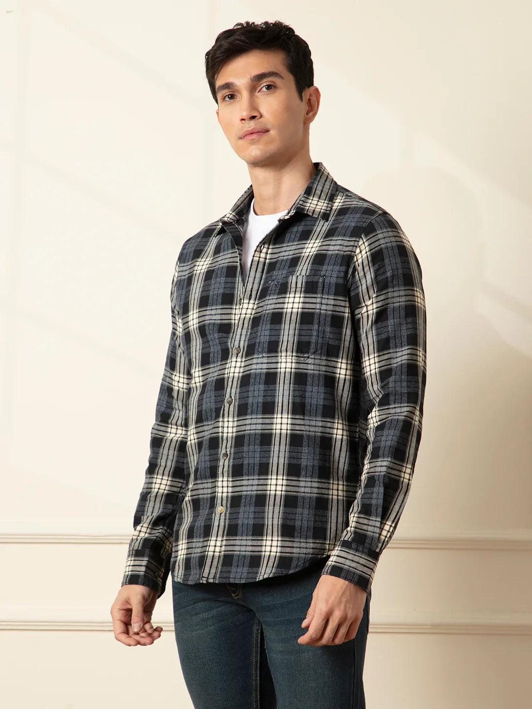 Textured Checks Slim Fit Shirt | Black