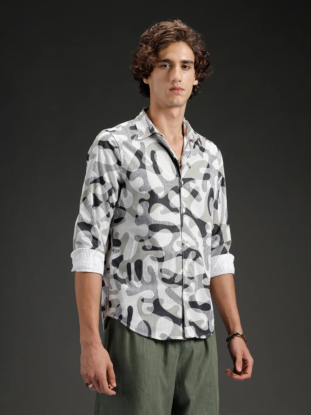 Wrogn Abstract Printed Slim Fit Shirt | Beige