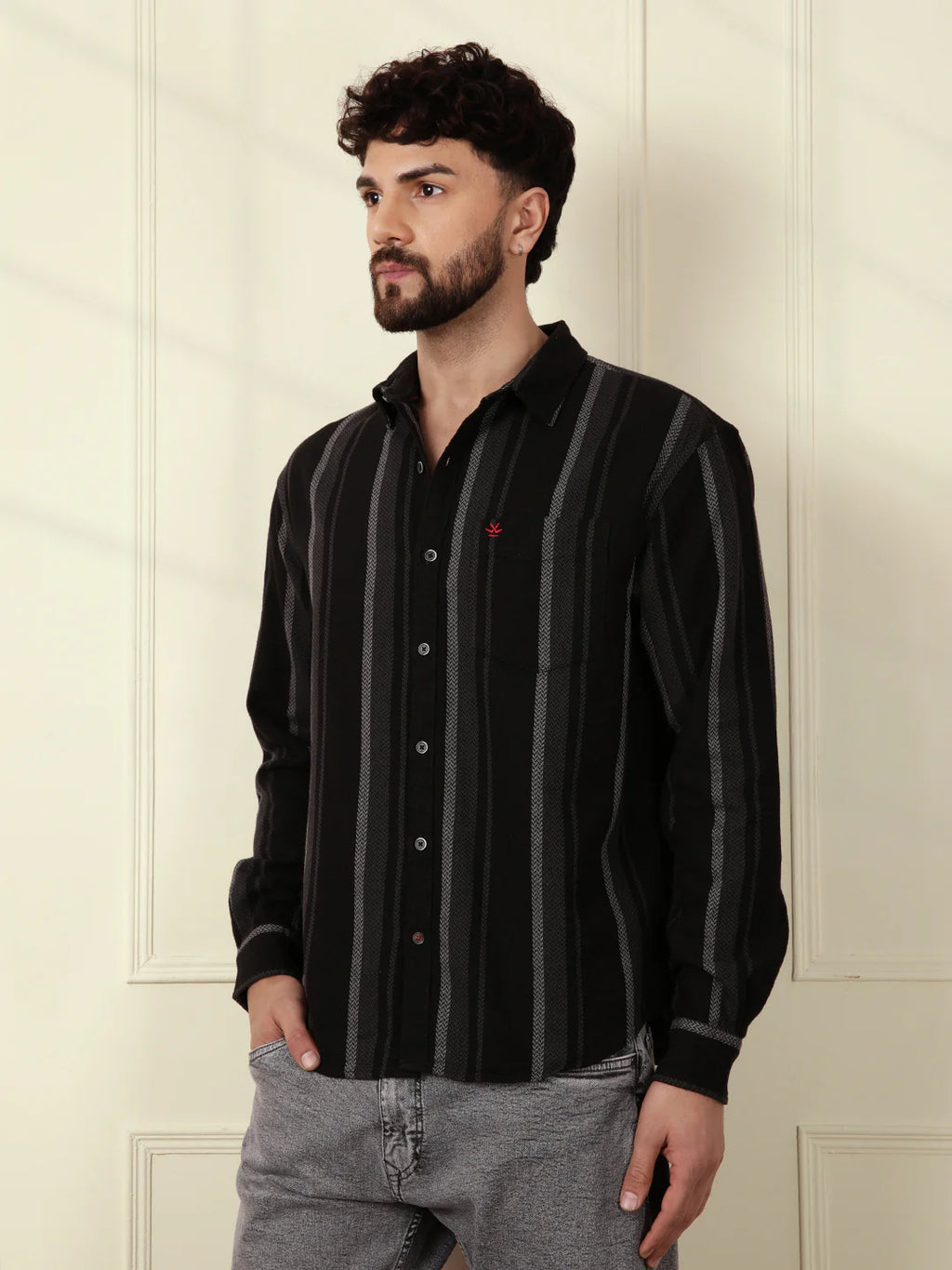 Textured Stripes Comfort Fit Shirt | Black