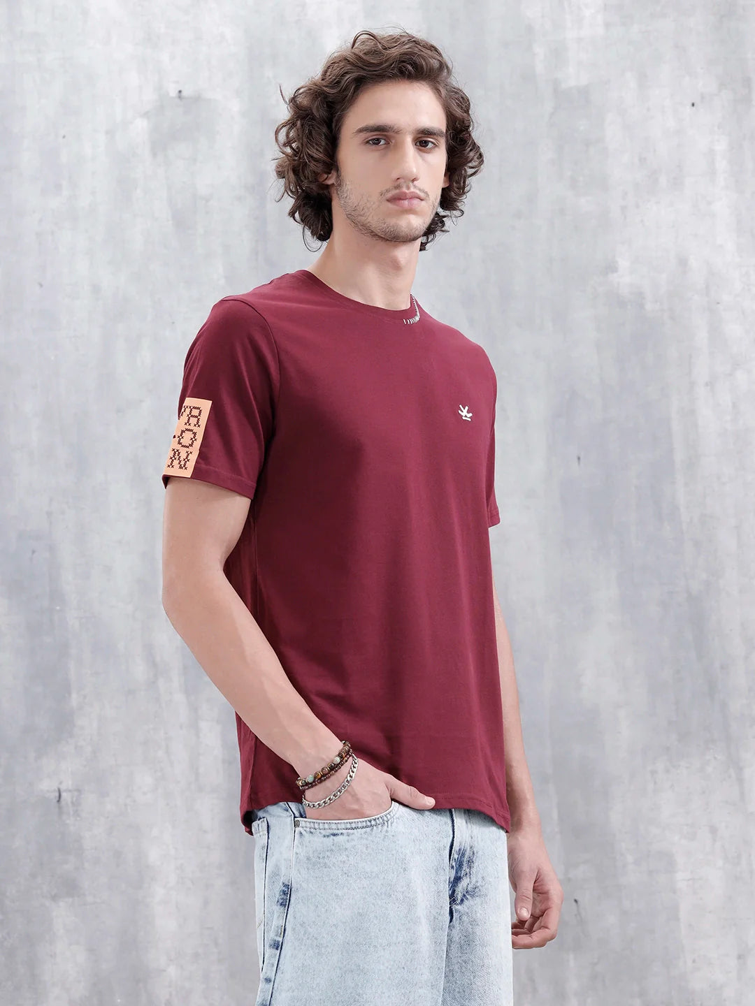 Contrast Stitch Slim Fit Cotton T-Shirt | Maroon