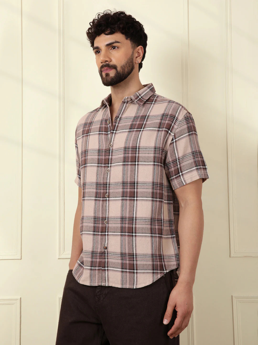Checked Open Dobby Shirt | Brown
