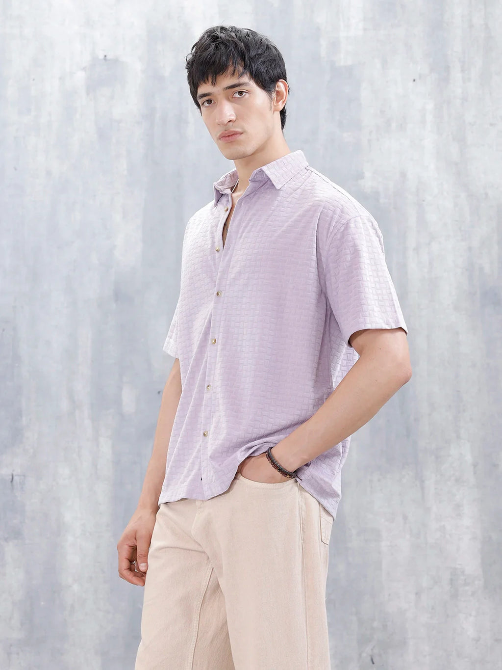 Wrogn Mens Casual Self Textured Oversized Shirt | Purple