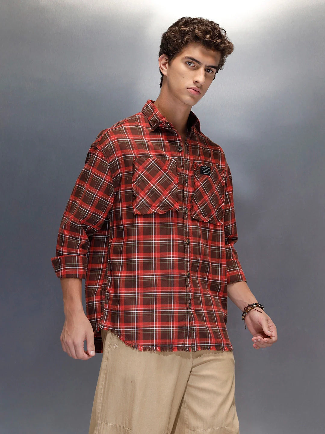Men's oversize raw hem detail check shirt  | Brown