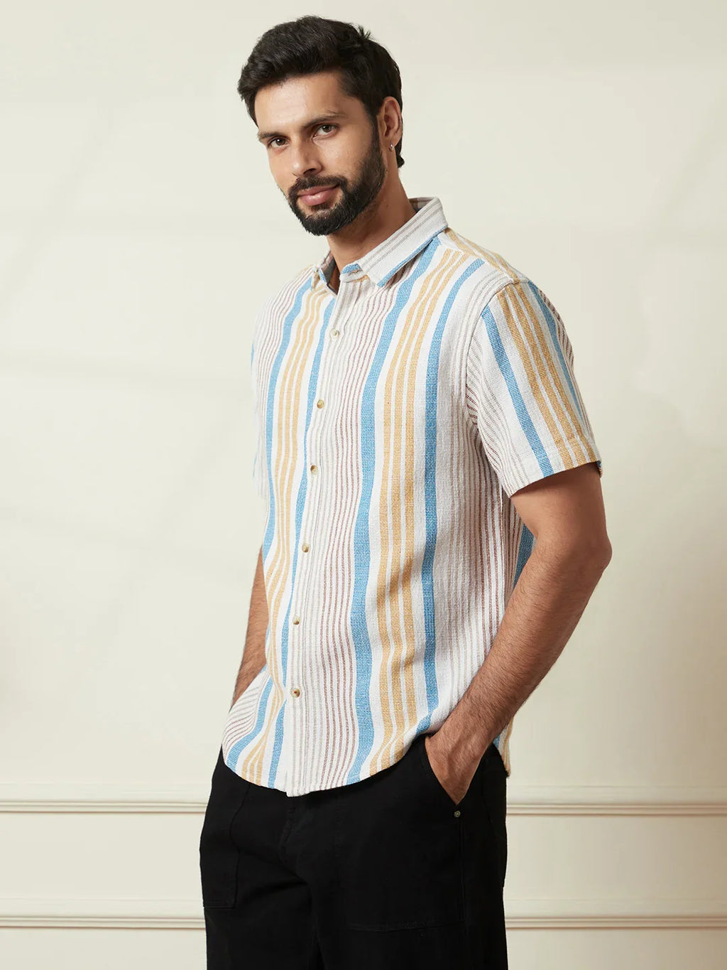 Striped Open Dobby Shirt | Beige